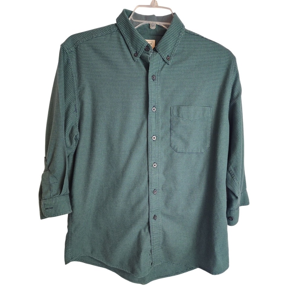 LL Bean Mens Fit Cotton Houndstooth Button Down Shirt Green 3/4 Sleeve‎ M